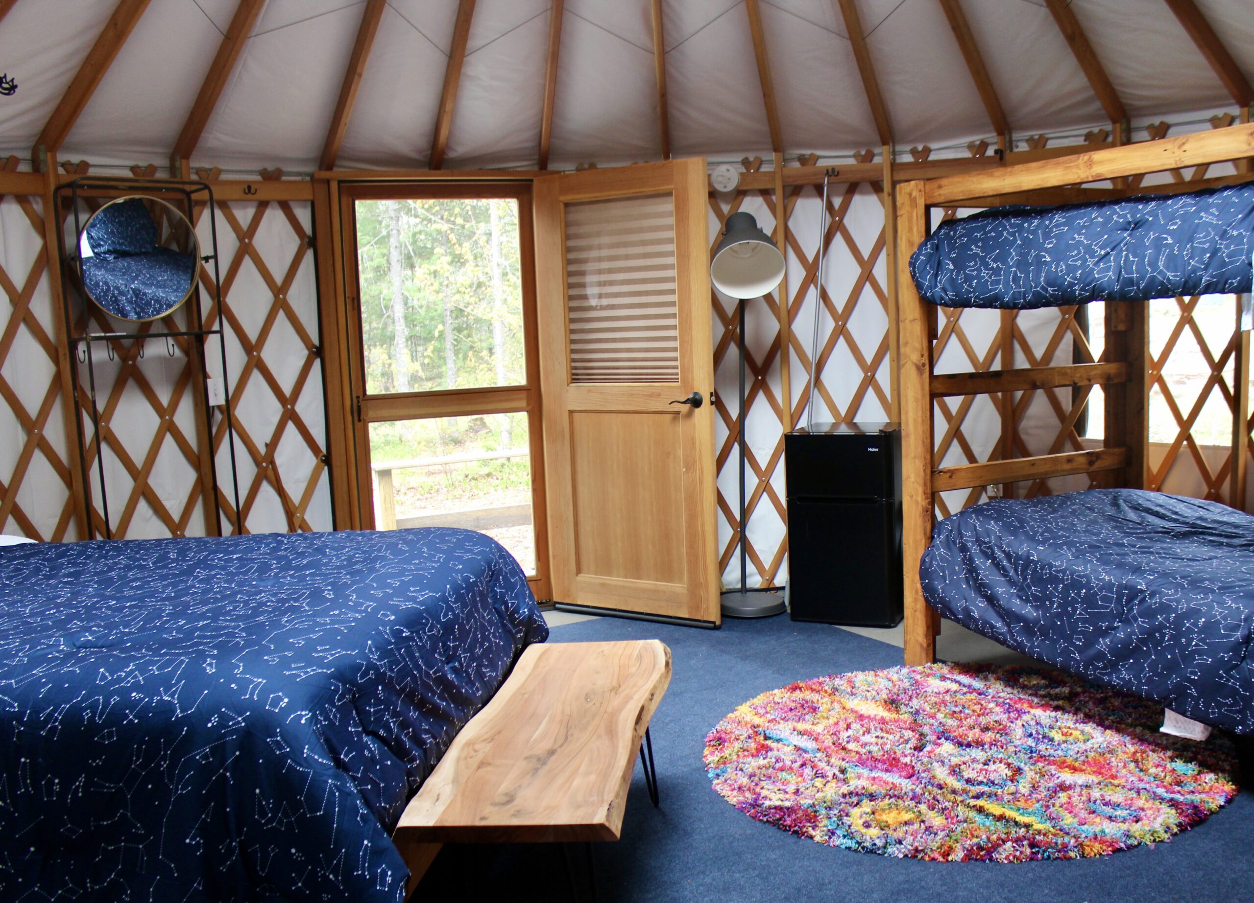 Inside view of family style glamping yurt in Maine