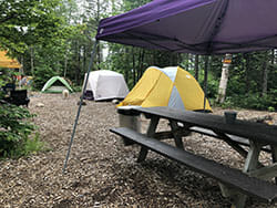 Group of Tents setup in the woods in Maine and a picnic table under a purple pop up tent