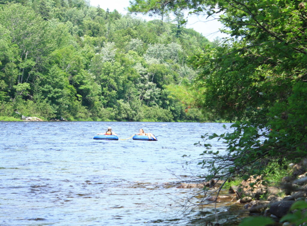 Two blue tubes with guests floating down the river